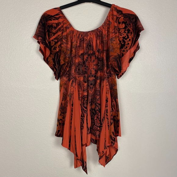 REINA Vintage Y2K Floral Top Womens Sublimation Flare Sleeve Heart Neck Sz 1 (M) - Picture 2 of 11